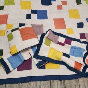 Quilt King Size 85 X 96 Two Shams One Throw Pillow Square Patchwork White Blue